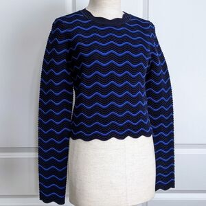 Milly Pullover Crop Mid-Weight Textured Wave Knit Scallop Trim Navy Cobalt M NWT